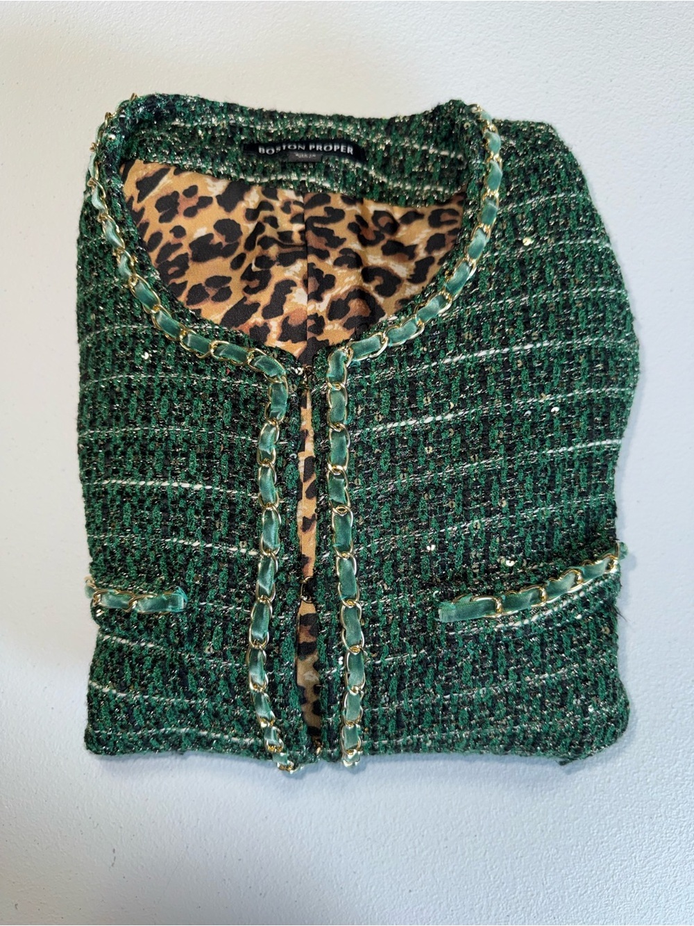 Boston Proper Size 10 Emerald Green Tweed Chain Detail Sequin Jacket Blazer - Picture 6 of 15